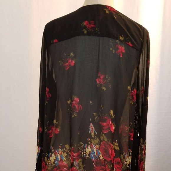 Sheer Black Floral Fringe Kimono S - Picture 4 of 9